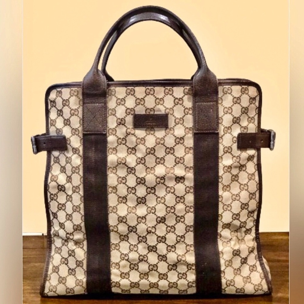 Vintage GUCCI GG Monogram Leather Top Handle Oversized Tote Shoulder Bag